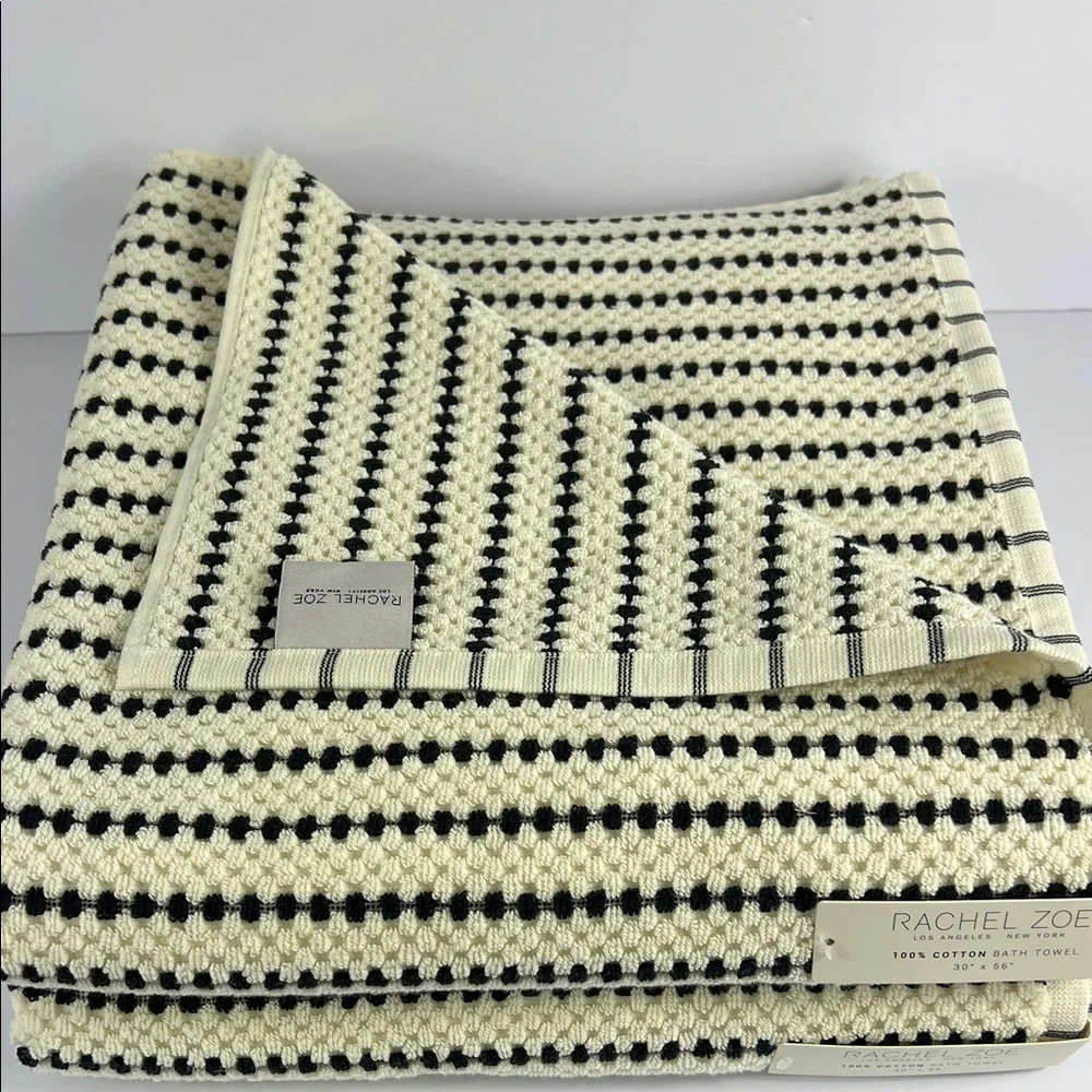Rachel Zoe Bath Towels Black & Cream Striped Print 100% Cotton Set of 2 NEW